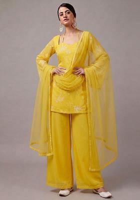 Lemon Yellow Embroidered Chanderi Kurta Set