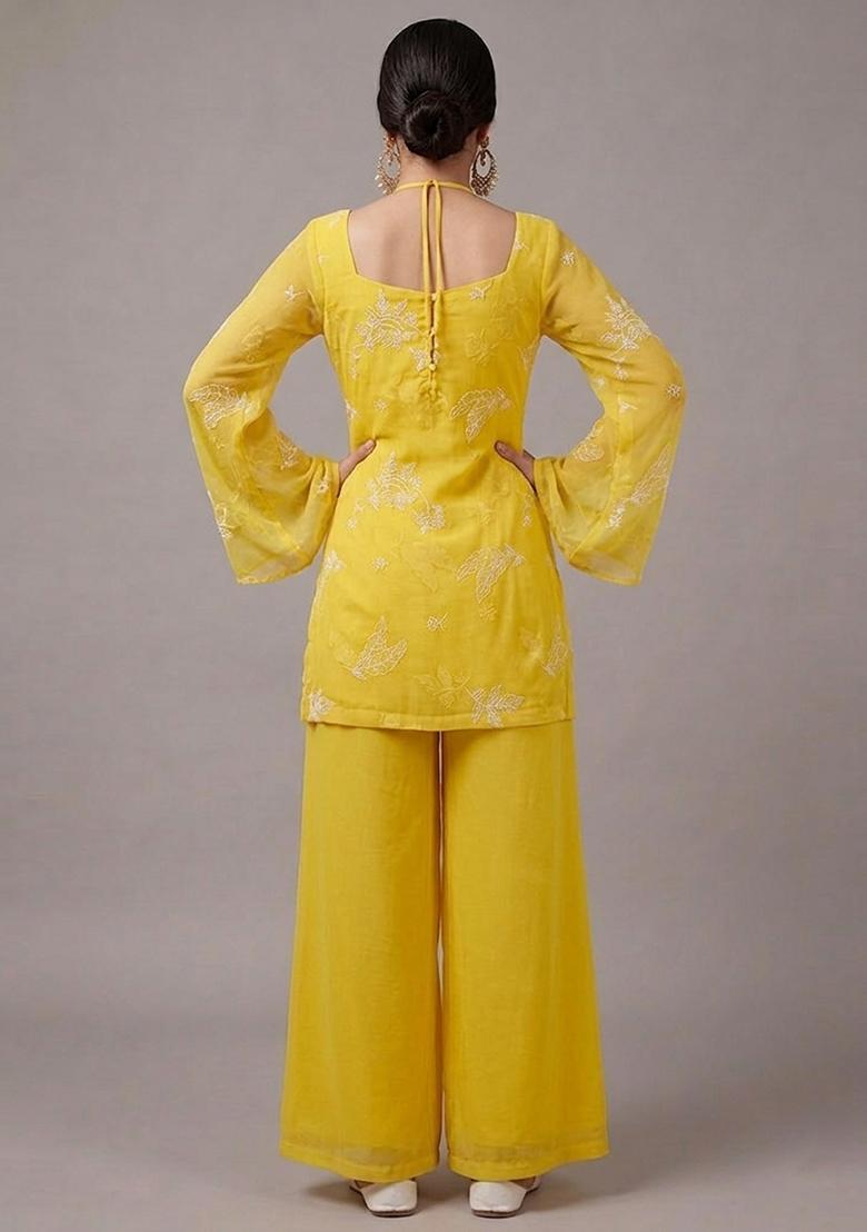 Lemon Yellow Embroidered Chanderi Kurta Set - Indya