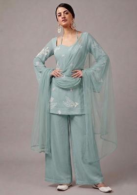 Powder Blue Embroidered Chanderi Kurta Set
