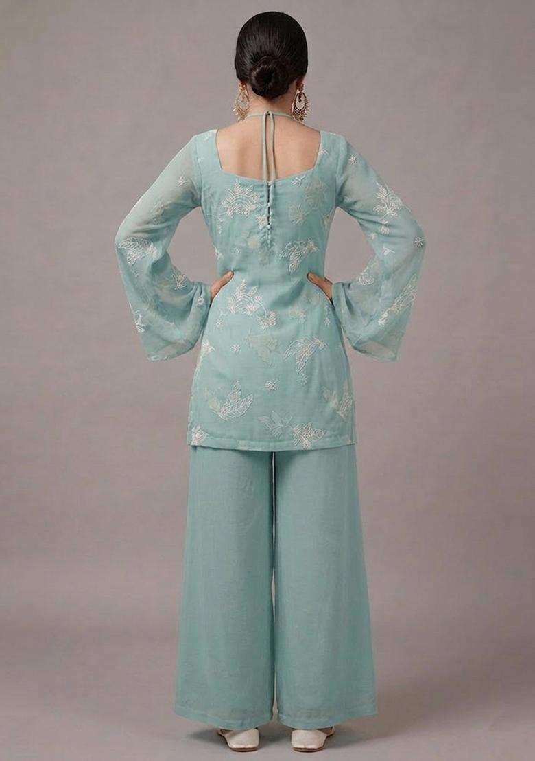 Powder Blue Embroidered Chanderi Kurta Set - Indya