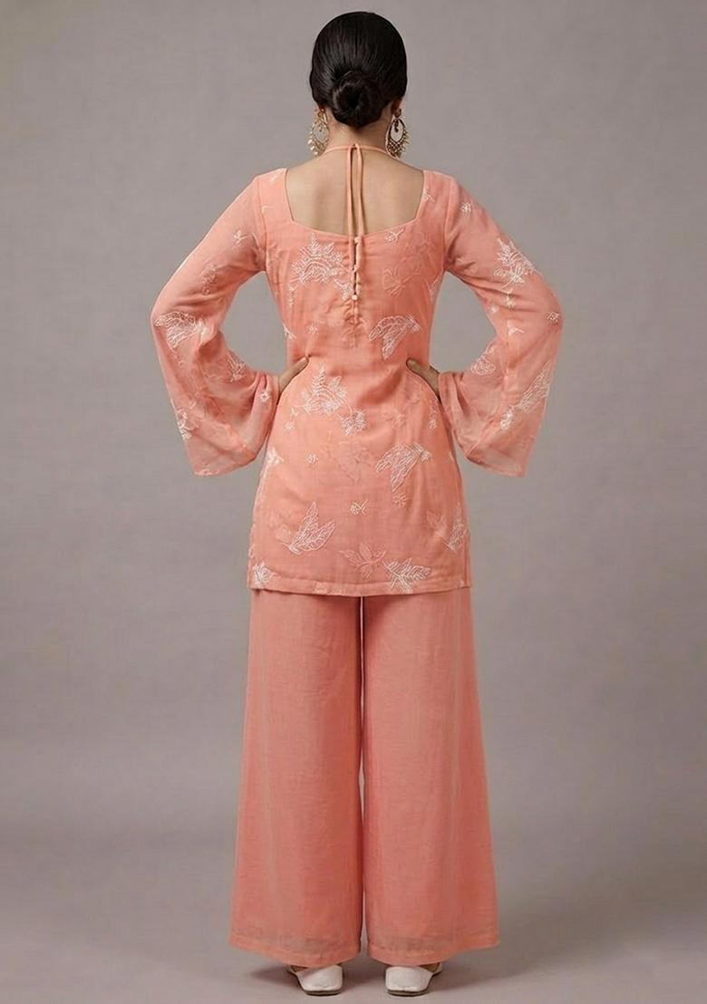 Peach Pink Embroidered Chanderi Kurta Set - Indya