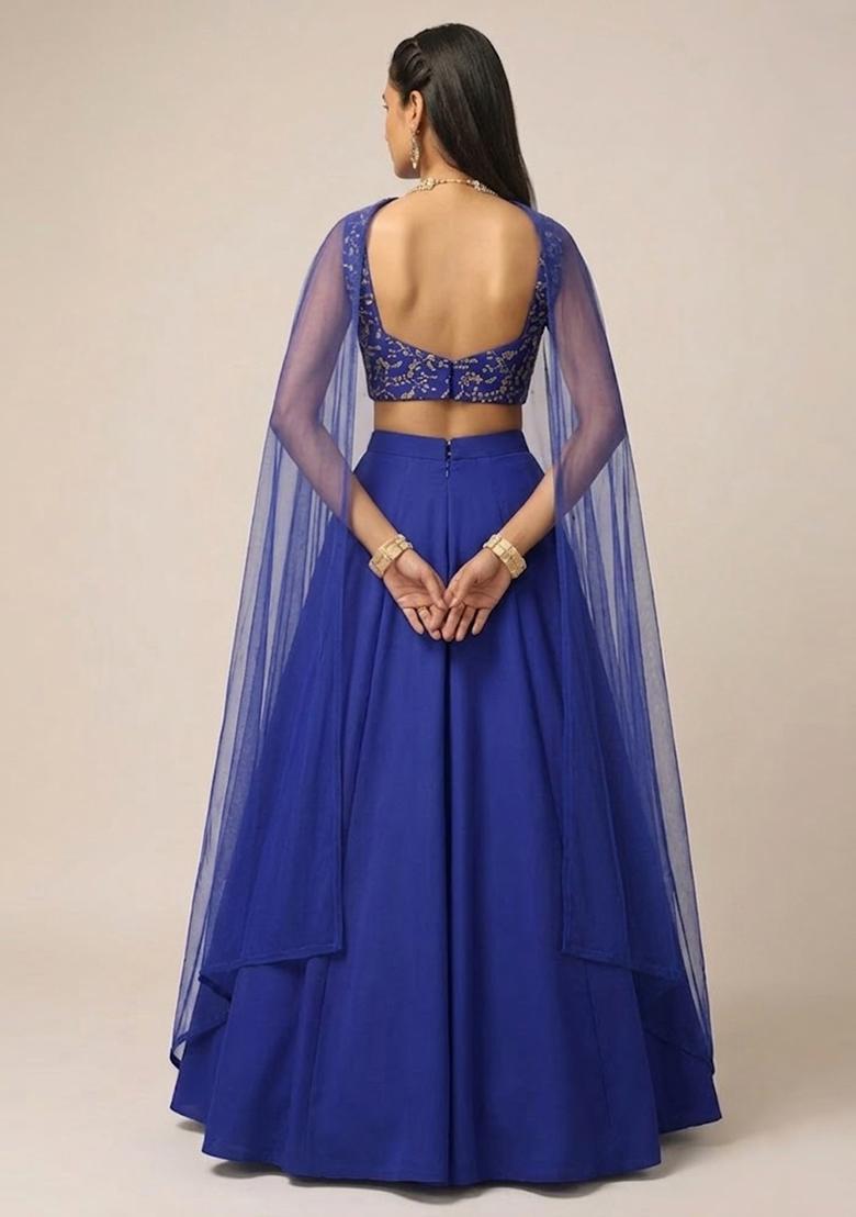 Royal Blue Embroidered Crepe Lehenga Set - Indya