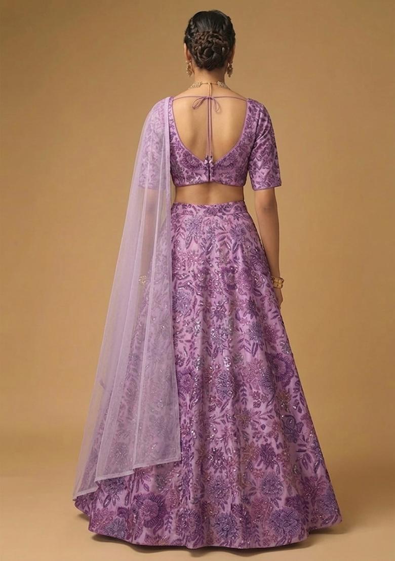 Lavender Purple Printed Chinon Lehenga Set - Indya