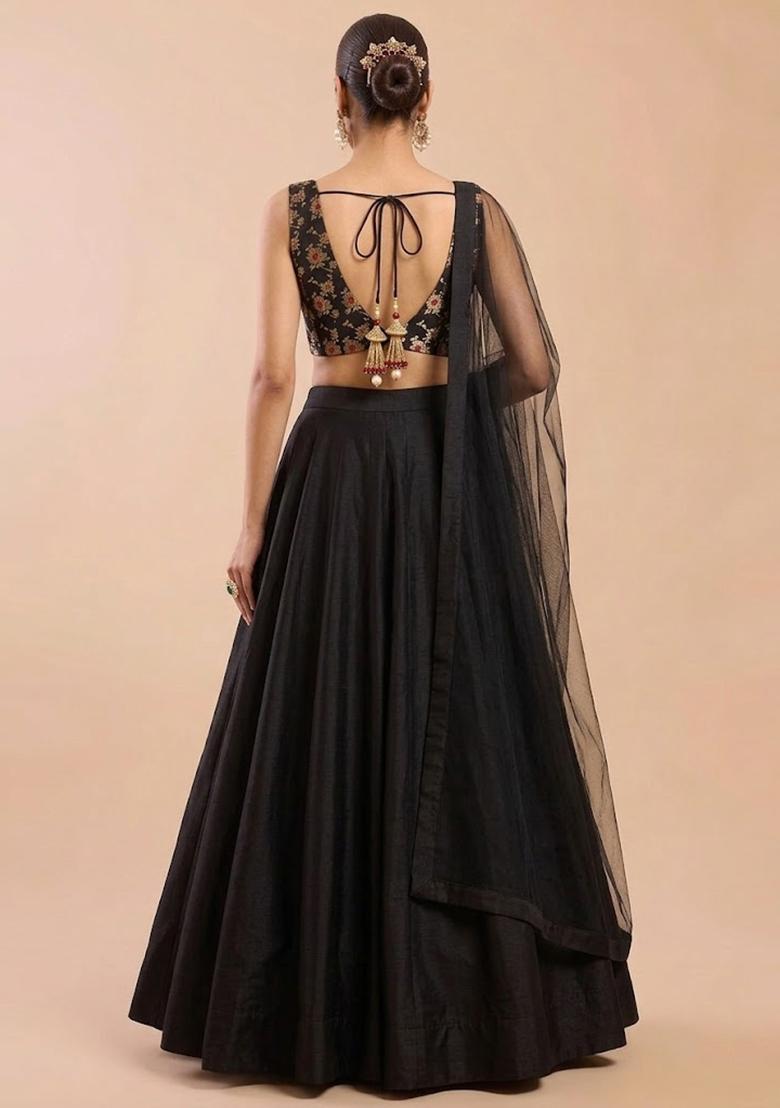 Jet Black Silk Blend Lehenga Set - Indya