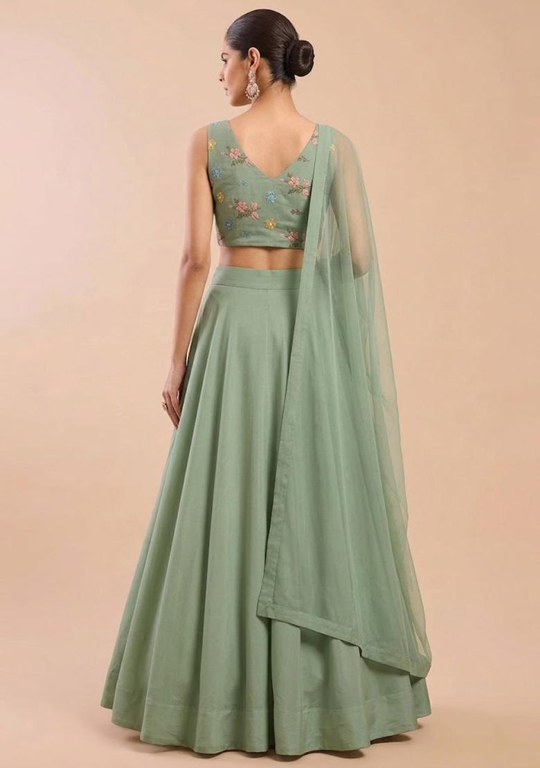 Sage Green Embroidered Chanderi Lehenga Set - Indya