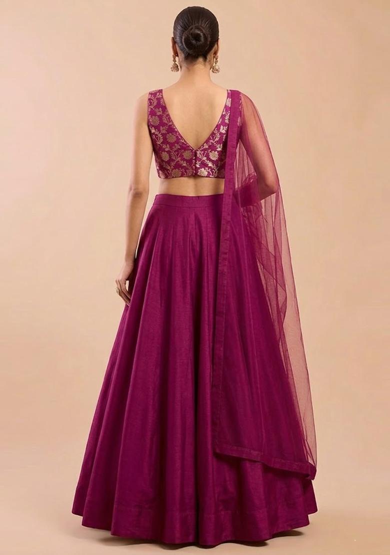 Magenta Purple Silk Blend Lehenga Set - Indya