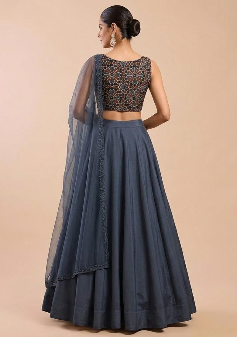Steel Blue Printed Satin Lehenga Set - Indya