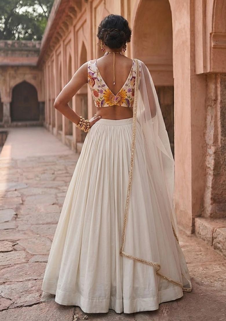 Ivory White Printed Organza Lehenga Set - Indya