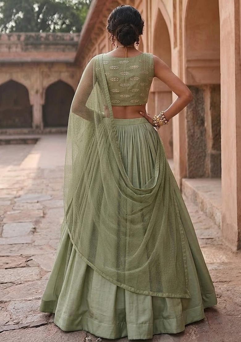 Olive Green Sequin Silk Blend Lehenga Set - Indya