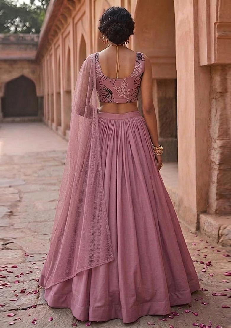 Dusty Rose Embroidered Chanderi Lehenga Set - Indya