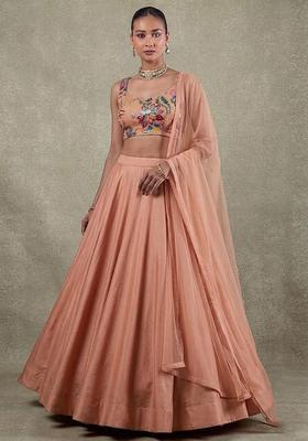 Salmon Peach Printed Organza Lehenga Set