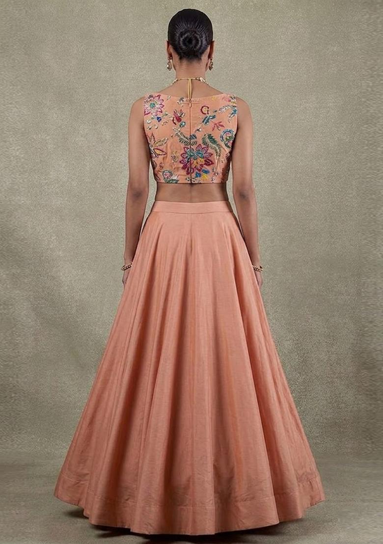 Salmon Peach Printed Organza Lehenga Set - Indya