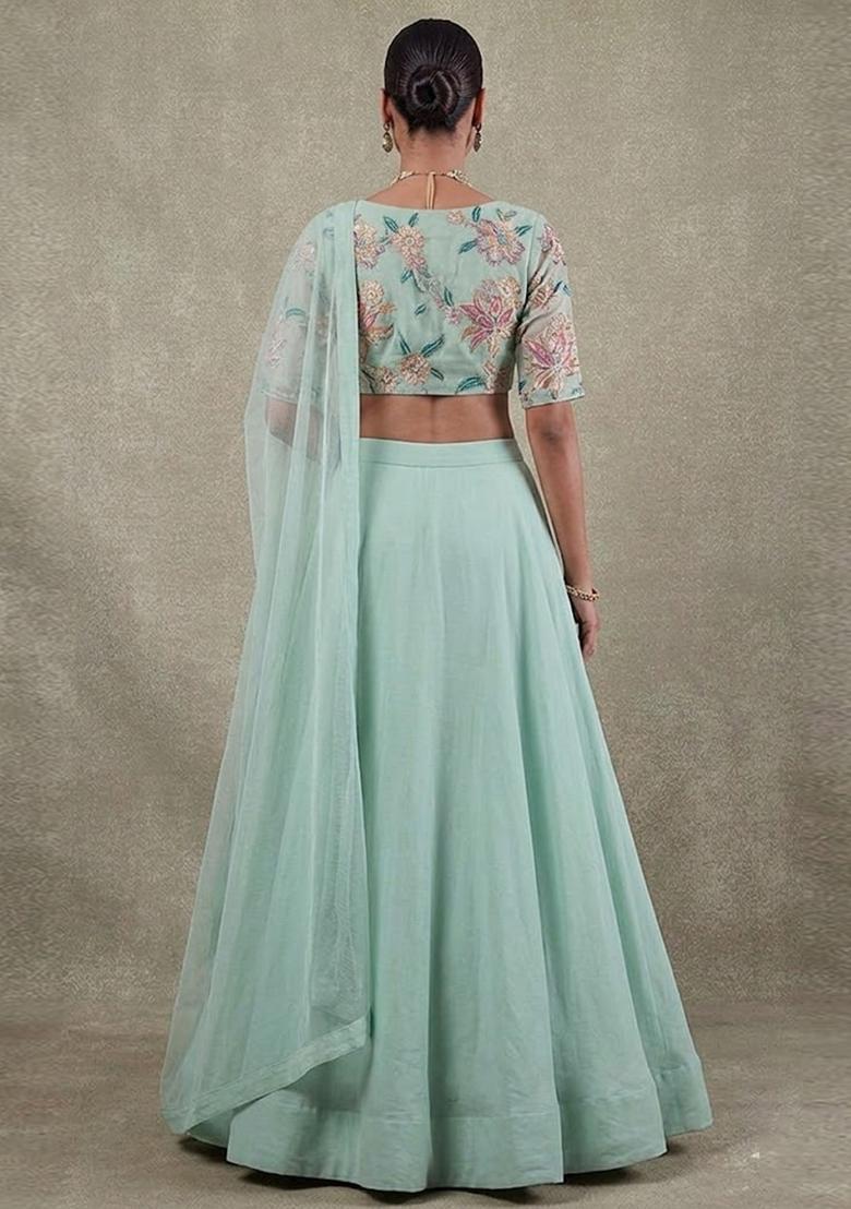 Mint Green Printed Organza Lehenga Set - Indya