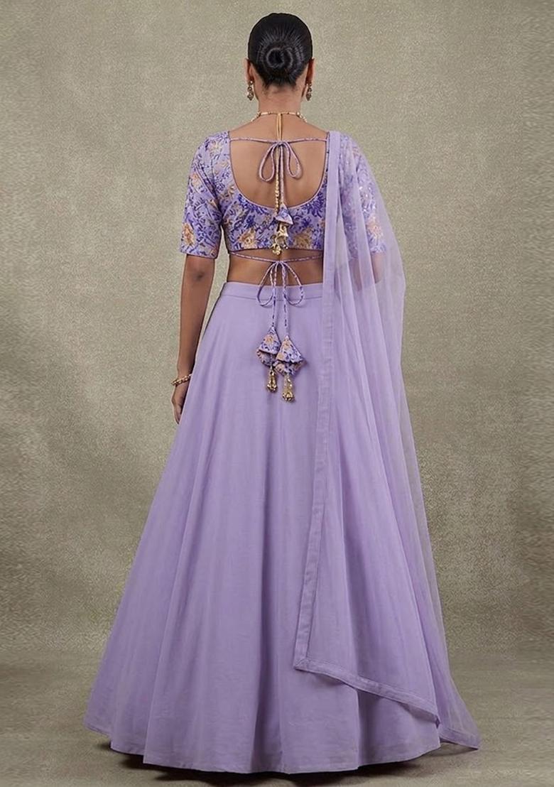 Lilac Printed Silk Blend Lehenga Set - Indya