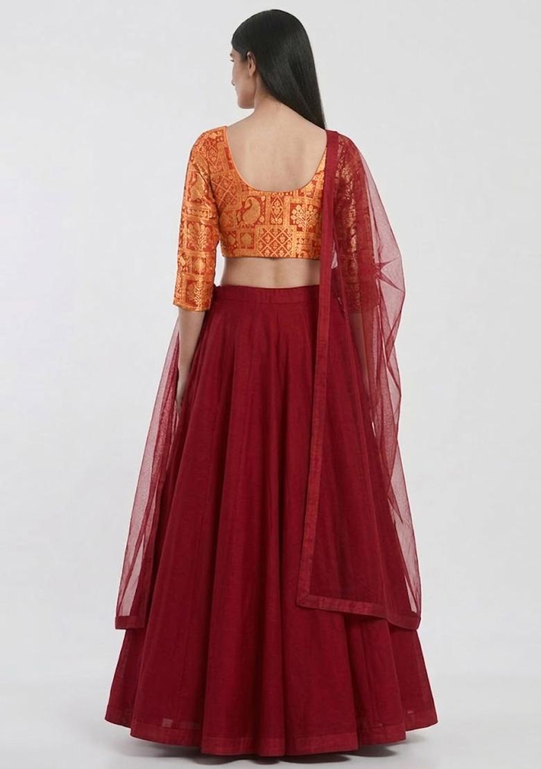 Red Brocade Lehenga Set - Indya