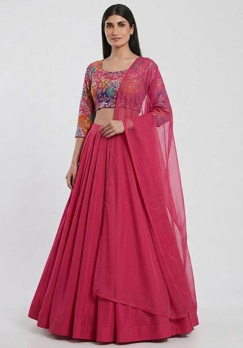 Pink Printed Crepe Lehenga Set