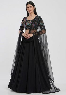 Black Printed Crepe Lehenga Set
