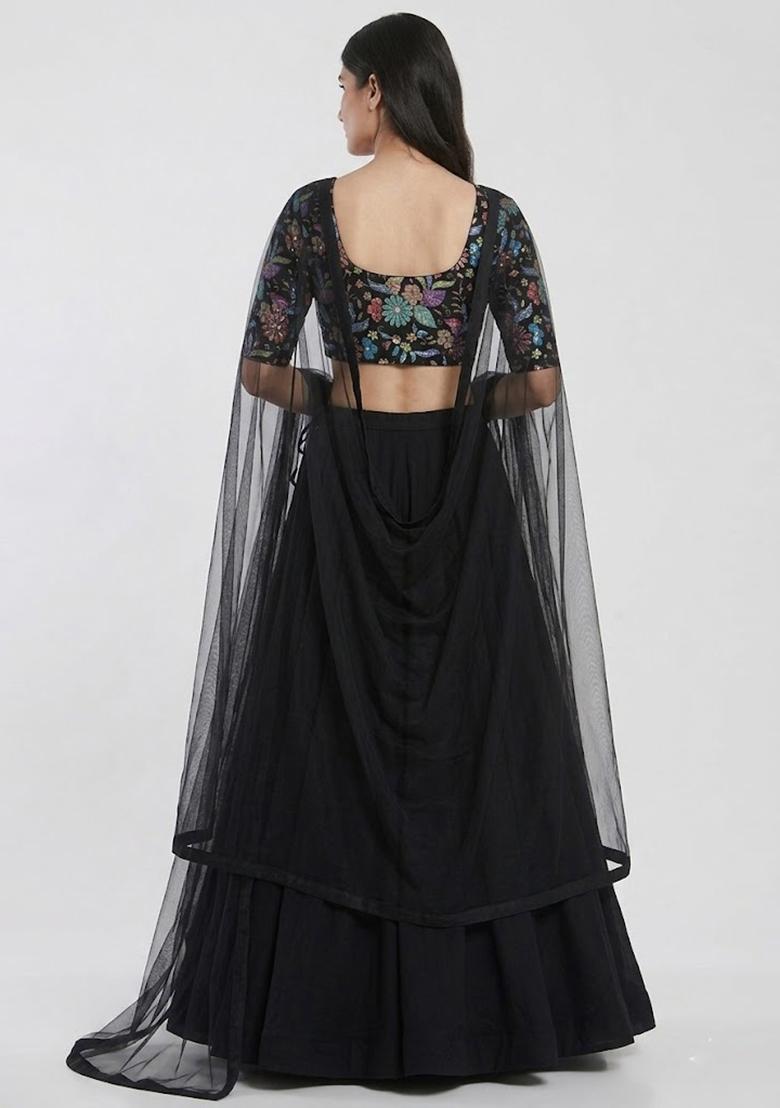 Black Printed Crepe Lehenga Set - Indya