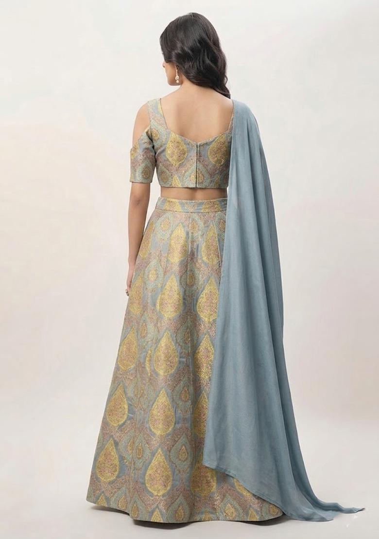 Grey Brocade Lehenga Set - Indya
