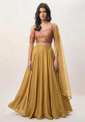 Yellow Self Design Silk Blend Lehenga Set