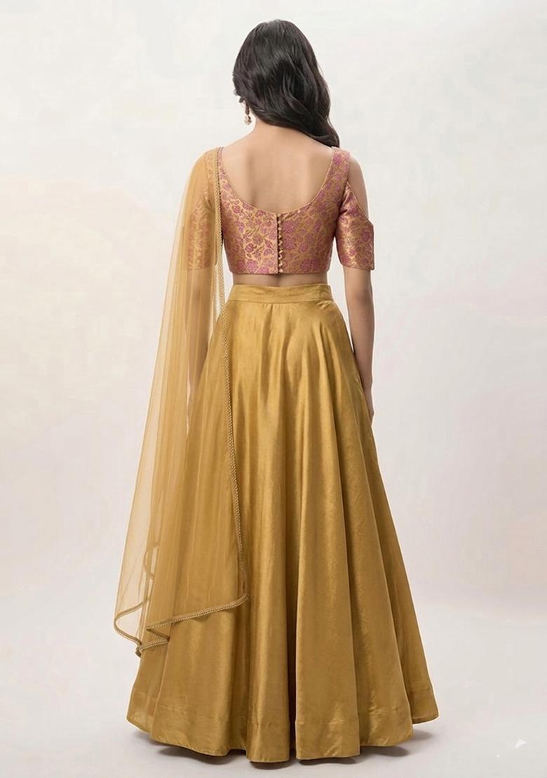 Yellow Self Design Silk Blend Lehenga Set - Indya