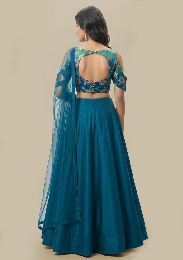 Green Silk Blend Lehenga Set - Indya
