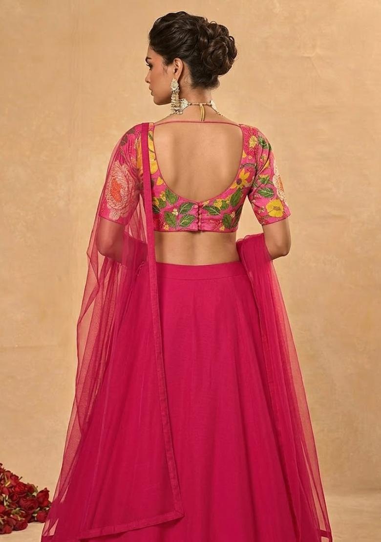 Pink Printed Linen Lehenga Set - Indya