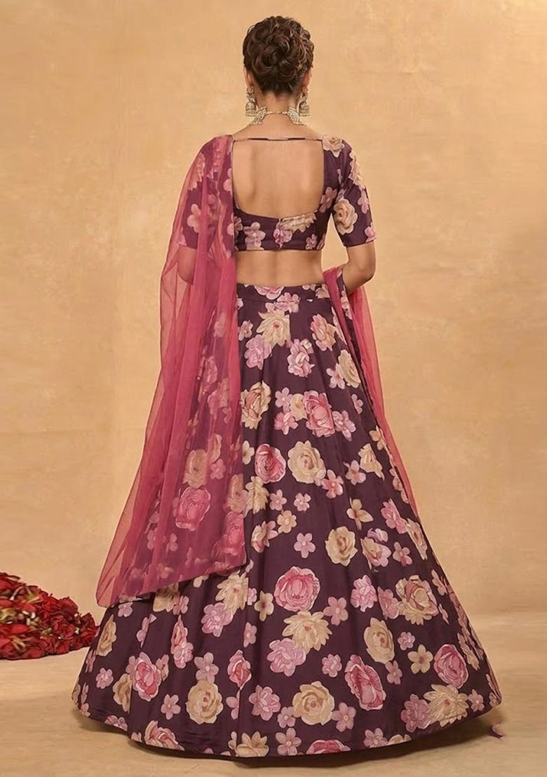 Purple Printed Georgette Lehenga Set - Indya