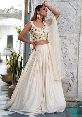 White Printed Silk Blend Lehenga Set
