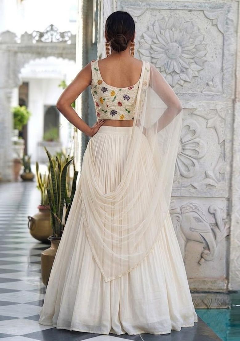 White Printed Silk Blend Lehenga Set - Indya
