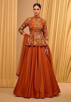 Orange Printed Organza Lehenga Set