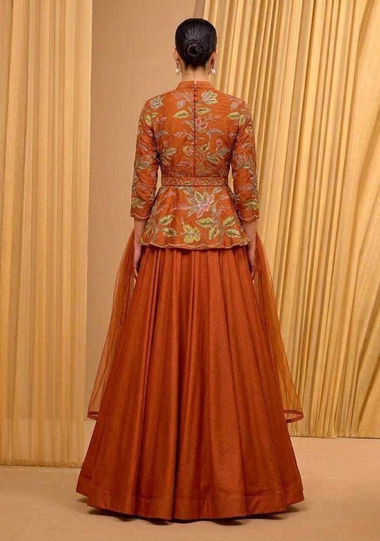 Orange Printed Organza Lehenga Set - Indya