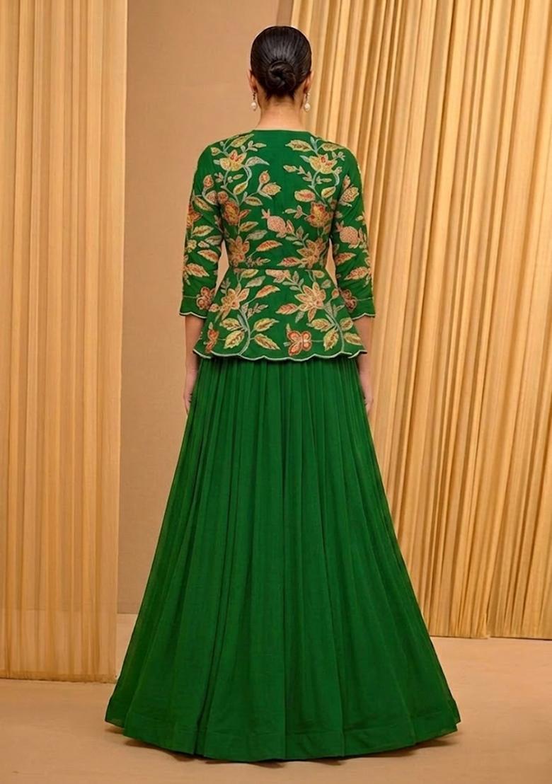 Green Printed Organza Lehenga Set - Indya