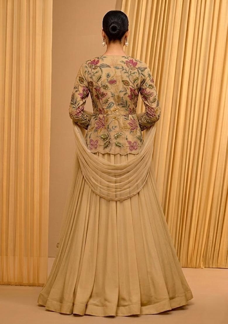 Beige Printed Organza Lehenga Set - Indya