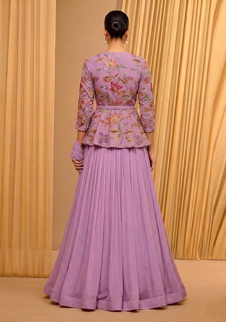 Purple Printed Organza Lehenga Set - Indya