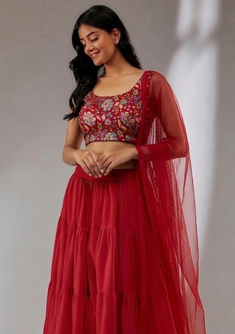 Red Printed Crepe Lehenga Set - Indya