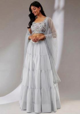 Grey Printed Crepe Lehenga Set