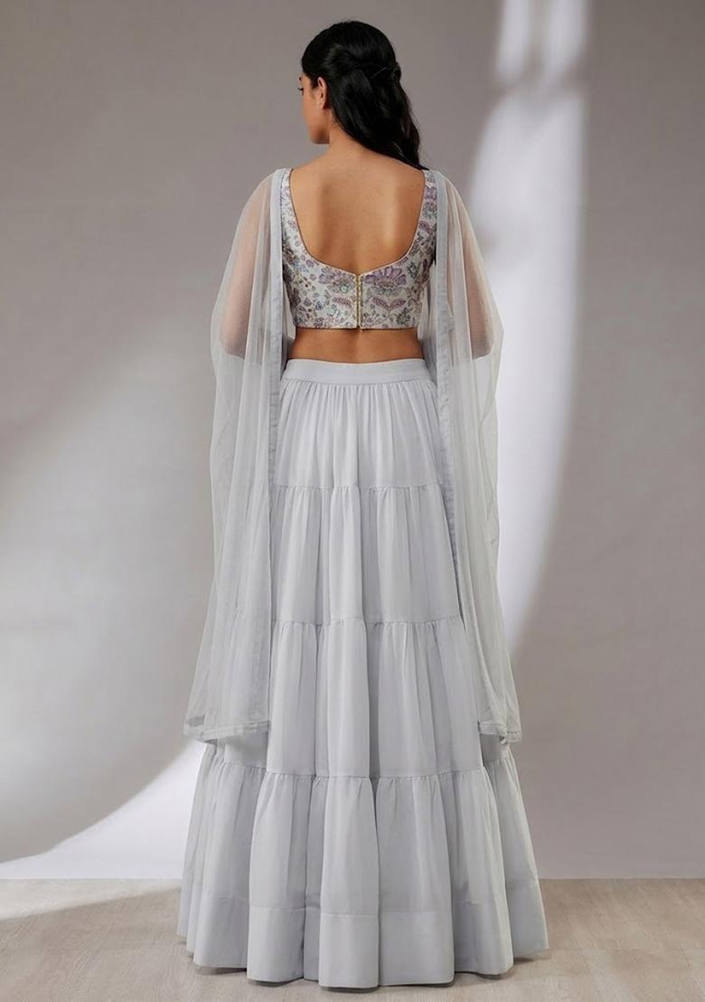 Grey Printed Crepe Lehenga Set - Indya