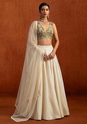 White Printed Crepe Lehenga Set
