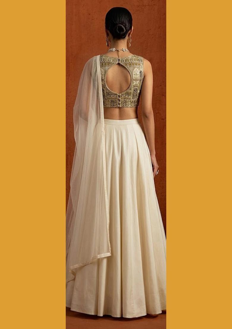 White Printed Crepe Lehenga Set - Indya