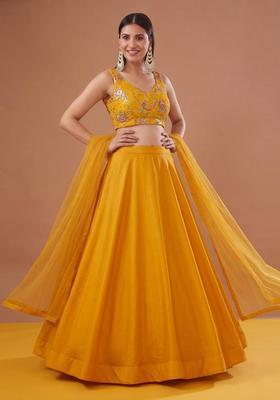 Yellow Printed Crepe Lehenga Set
