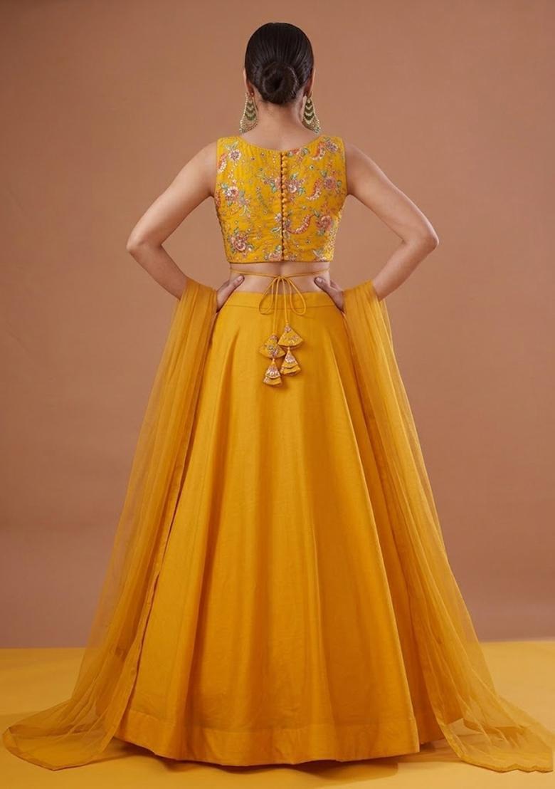 Yellow Printed Crepe Lehenga Set - Indya