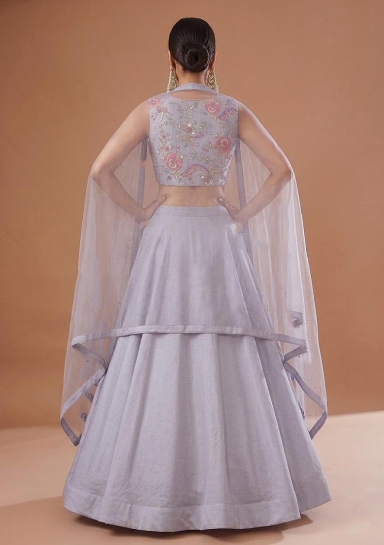 Grey Printed Crepe Lehenga Set - Indya
