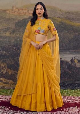 Mustard Yellow Embroidered Crepe Lehenga Set