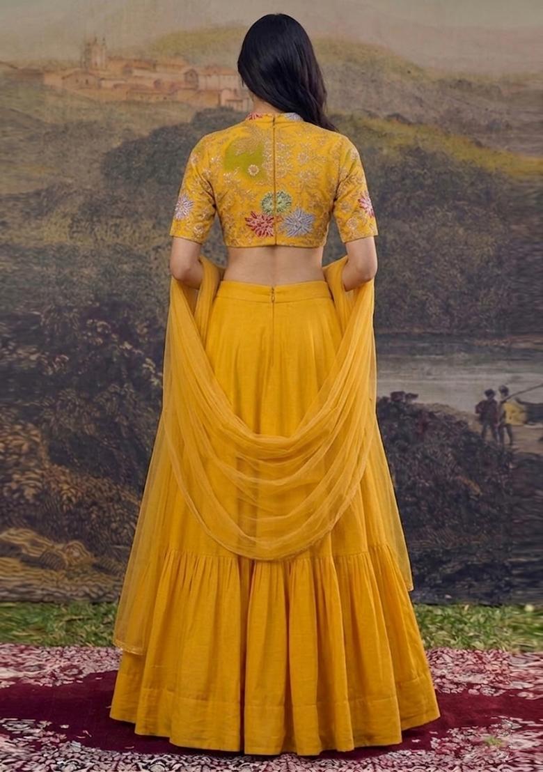 Mustard Yellow Embroidered Crepe Lehenga Set - Indya