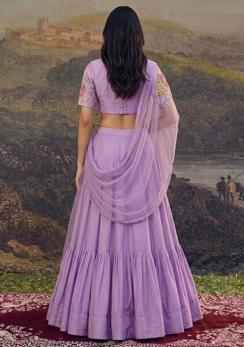 Lavender Embroidered Crepe Lehenga Set - Indya