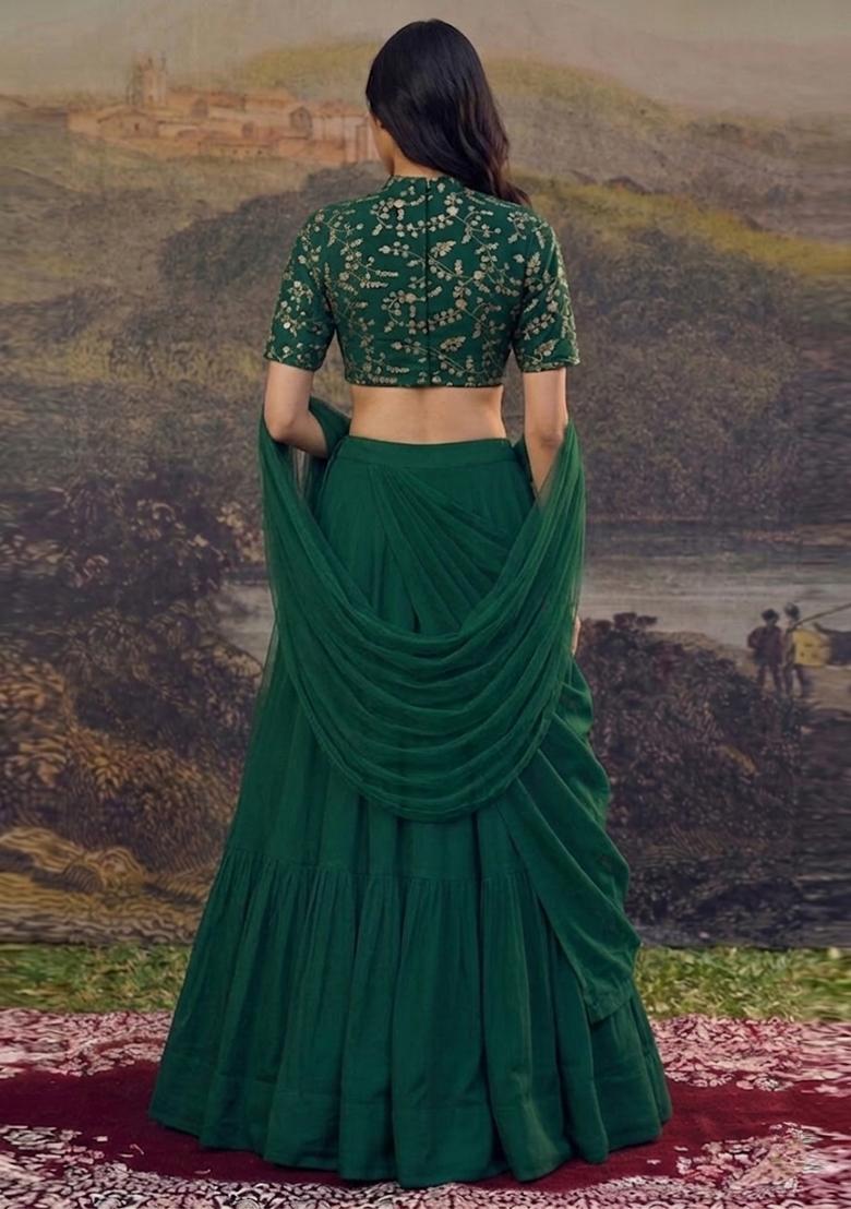 Emerald Green Embroidered Crepe Lehenga Set - Indya
