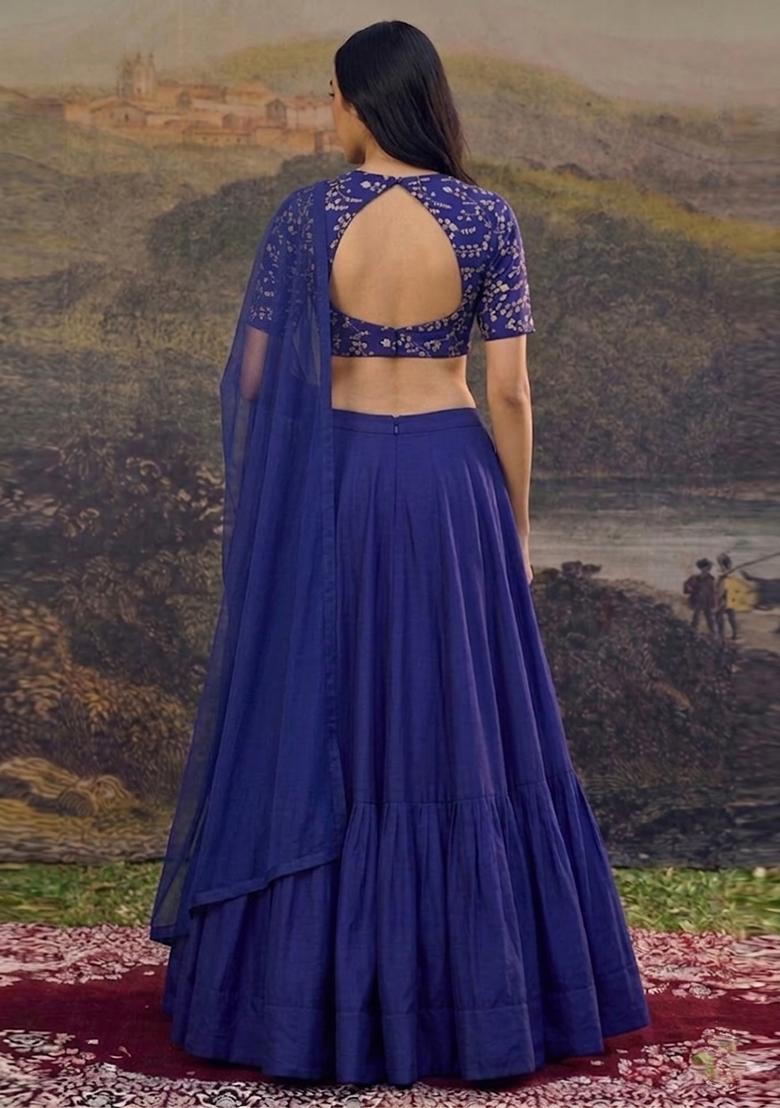 Royal Blue Embroidered Crepe Lehenga Set - Indya