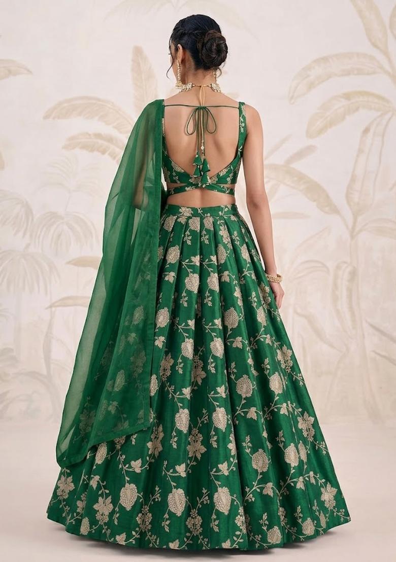 Forest Green Silk Blend Lehenga Set - Indya