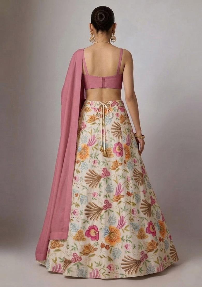 Cream Ivory Printed Organza Lehenga Set - Indya